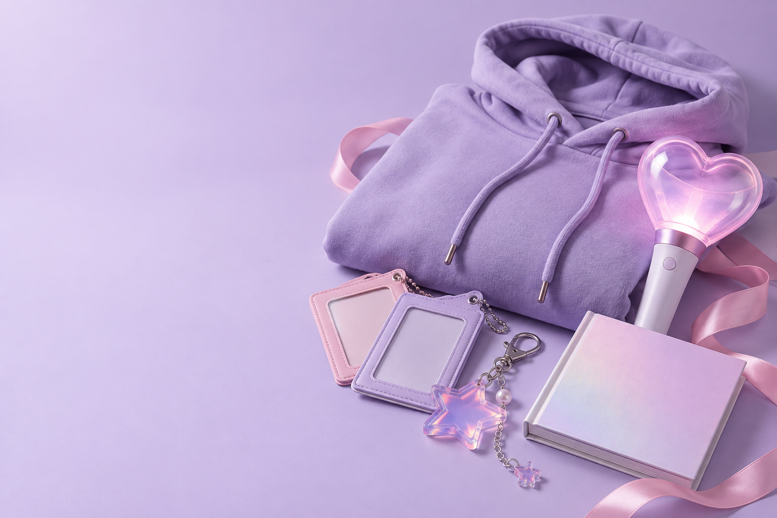 Colección ilustrativa de accesorios K-pop en tonos lila y rosa
